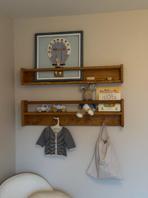 Joinery Solid Oak Nursery Shelf Set with Rail and Peg Hooks