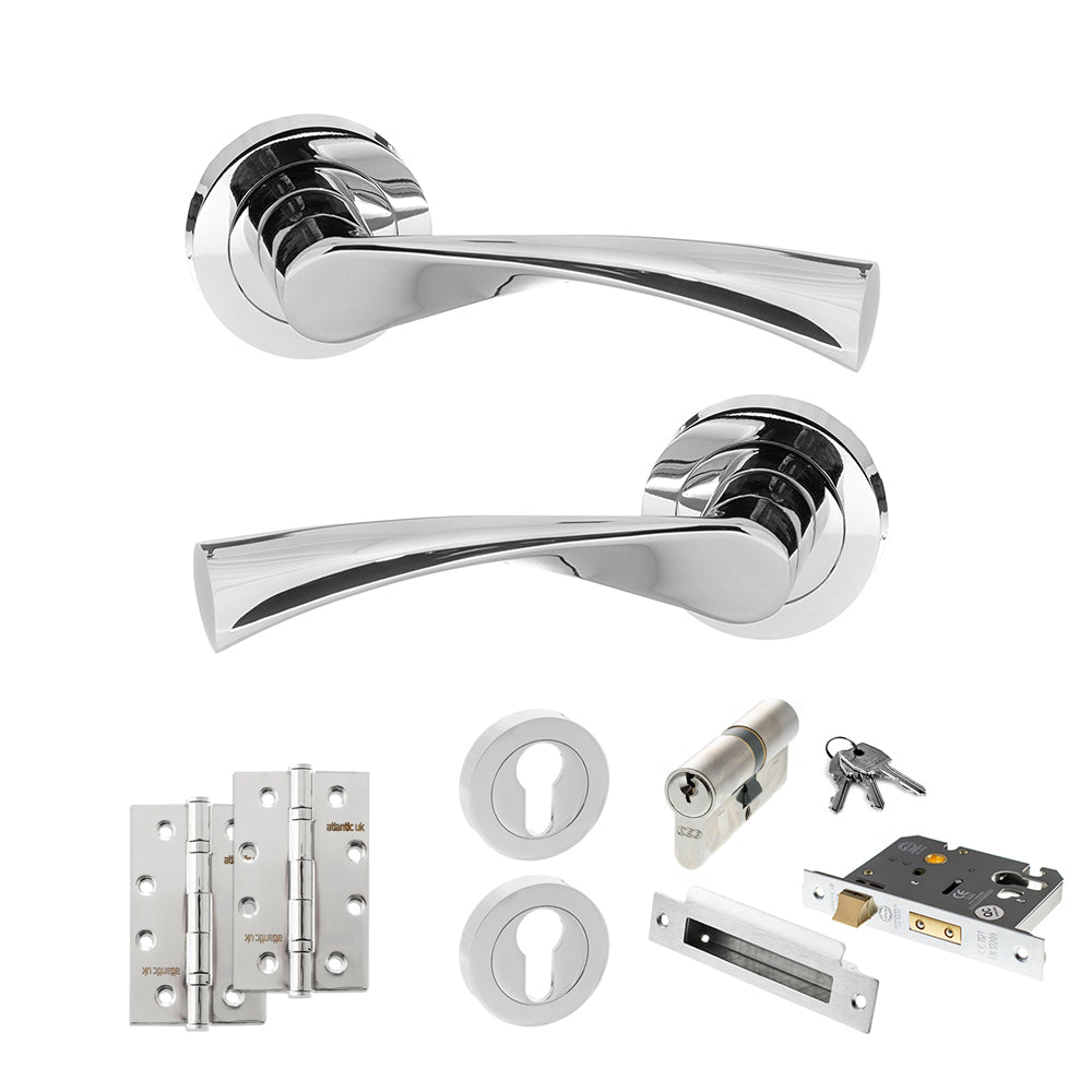 STATUS Colorado Door Handle Pack (Euro Lock Set - 3" CE Sashlock, 4" Slim Knuckle Hinges x2) - Polished Chrome
