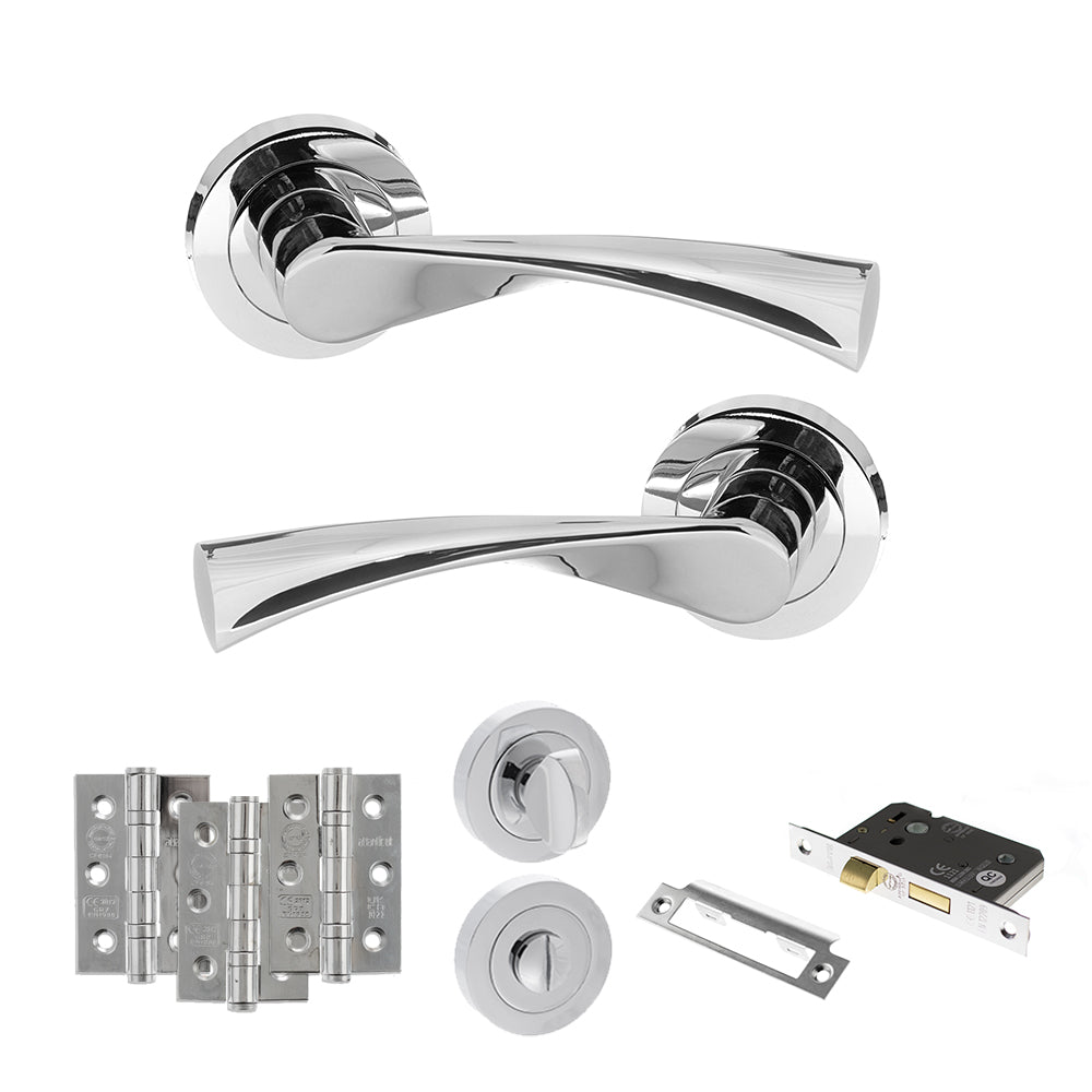 STATUS Colorado Door Handle Pack (Bathroom Set - 3" CE Bathroom Lock, 3" Premium Hinges x3) - Polished Chrome
