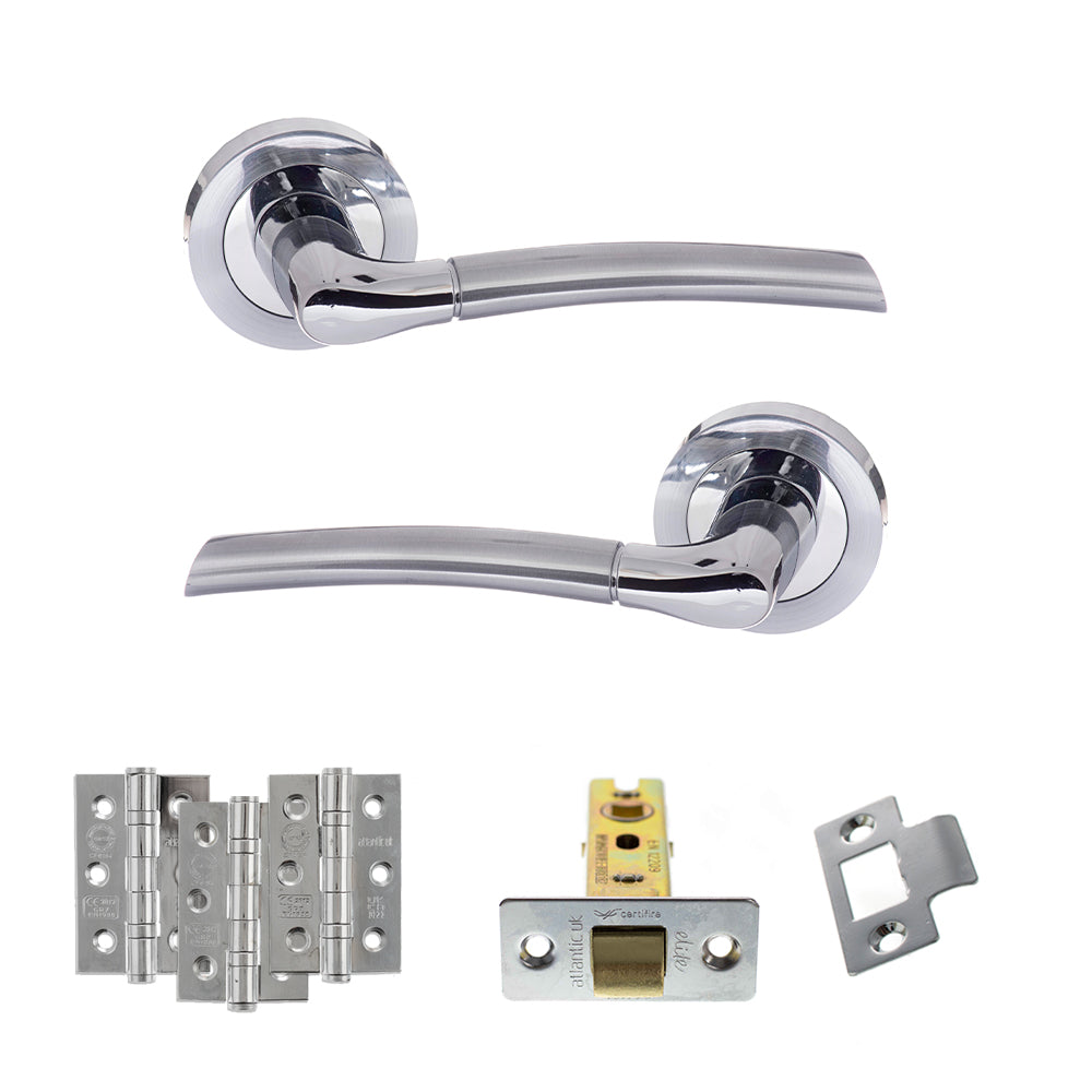 Eco Swell Door Handle Pack (Latch Set - 2.5" CE Latch, 3" Fire Rated Hinges x3) - Satin Chrome/Polished Chrome