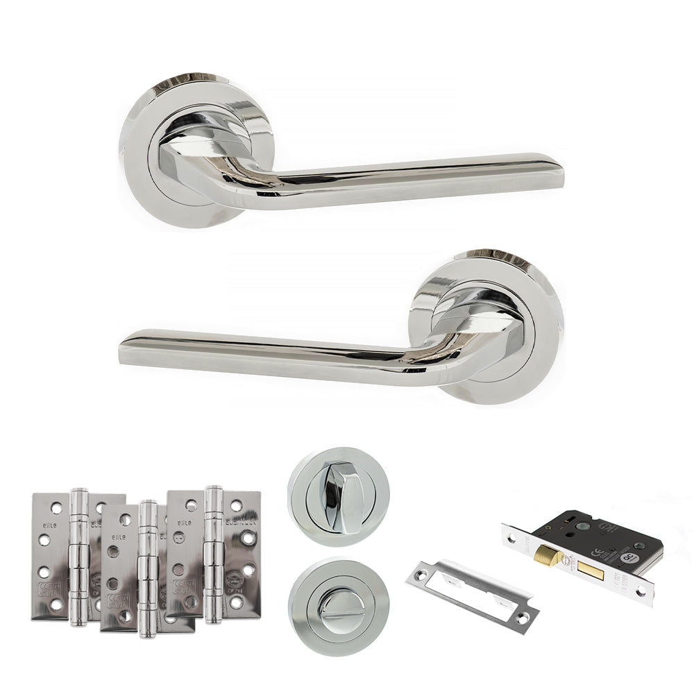 Eco Surf Door Handle Pack (Bathroom Set - 3" CE Bathroom Lock, 4" Fire Rated Hinges x3) - Polished Chrome