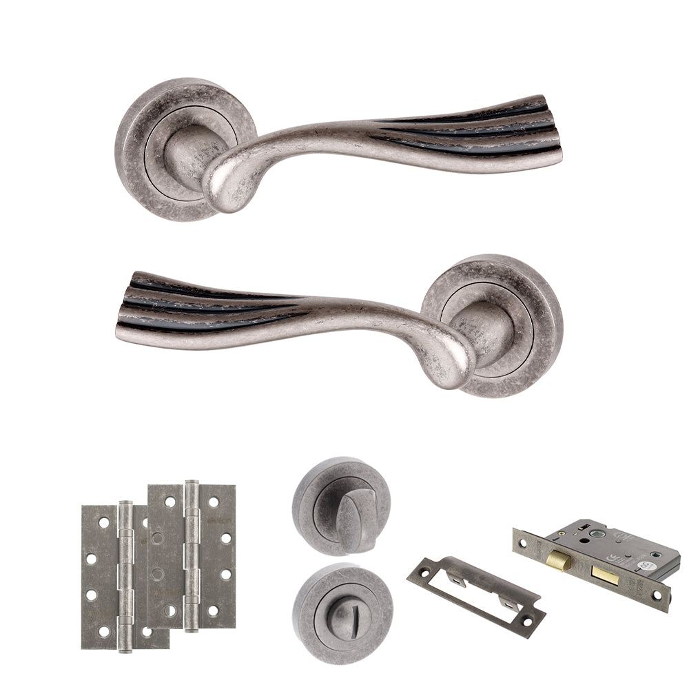Old English Richmond Door Handle Pack (Bathroom Set - 3" CE Bathroom Lock, 4" Slim Knuckle Hinges x2) - Distressed Silver