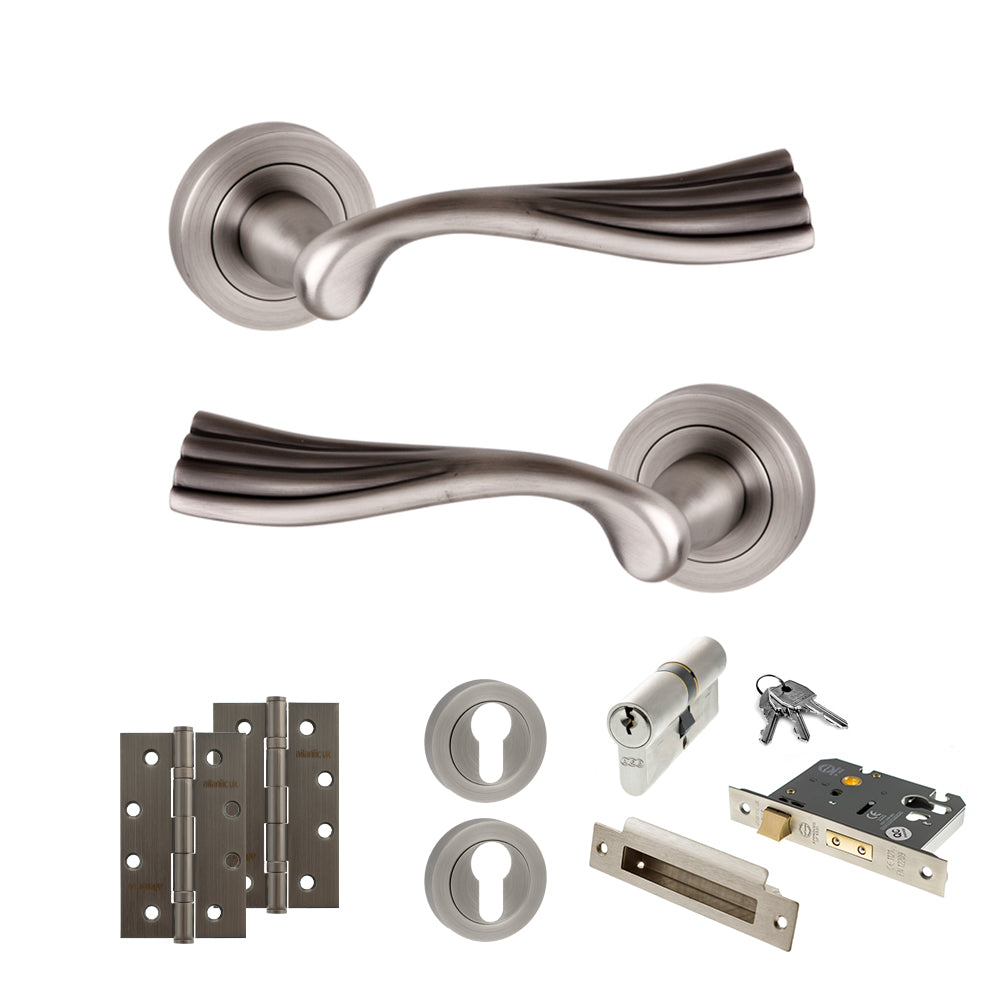 Old English Richmond Door Handle Pack (Euro Lock Set - 2.5" CE Sashlock, 4" Slim Knuckle Hinges x2) - Matt Gun Metal