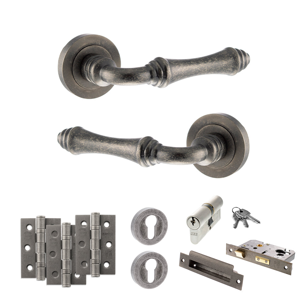 Old English Durham Door Handle Pack (Euro Lock Set - 2.5" CE Sashlock, 3" Fire Rated Hinges x3) - Distressed Silver