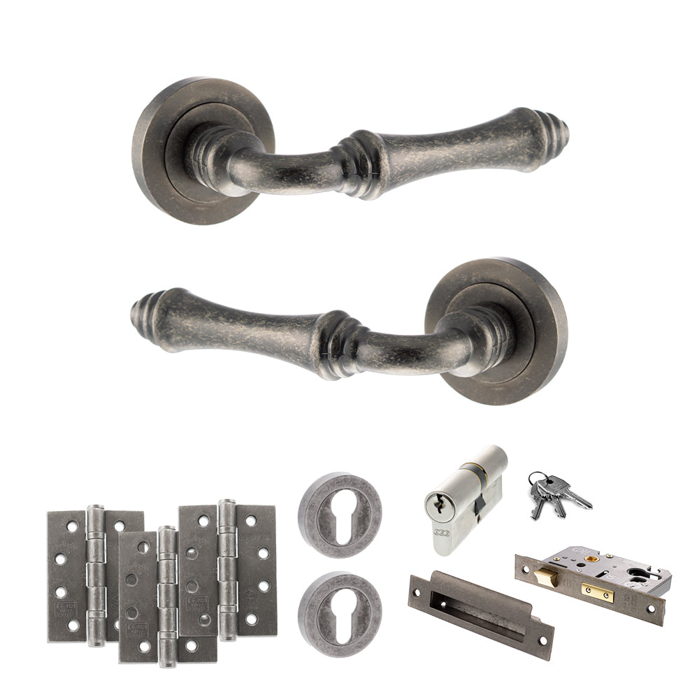 Old English Durham Door Handle Pack (Euro Lock Set - 3" CE Sashlock, 4" Fire Rated Hinges x3) - Distressed Silver