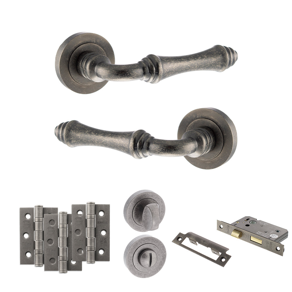 Old English Durham Door Handle Pack (Bathroom Set - 2.5" CE Bathroom Lock, 3" Fire Rated Hinges x3) - Distressed Silver