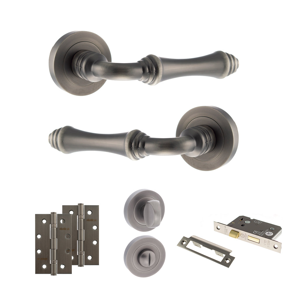 Old English Durham Door Handle Pack (Bathroom Set - 2.5" CE Bathroom Lock, 4" Slim Knuckle Hinges x2) - Matt Gun Metal