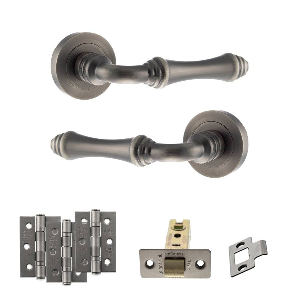 Old English Durham Door Handle Pack (Latch Set - 2.5" CE Latch, 3" Fire Rated Hinges x3) - Matt Gun Metal