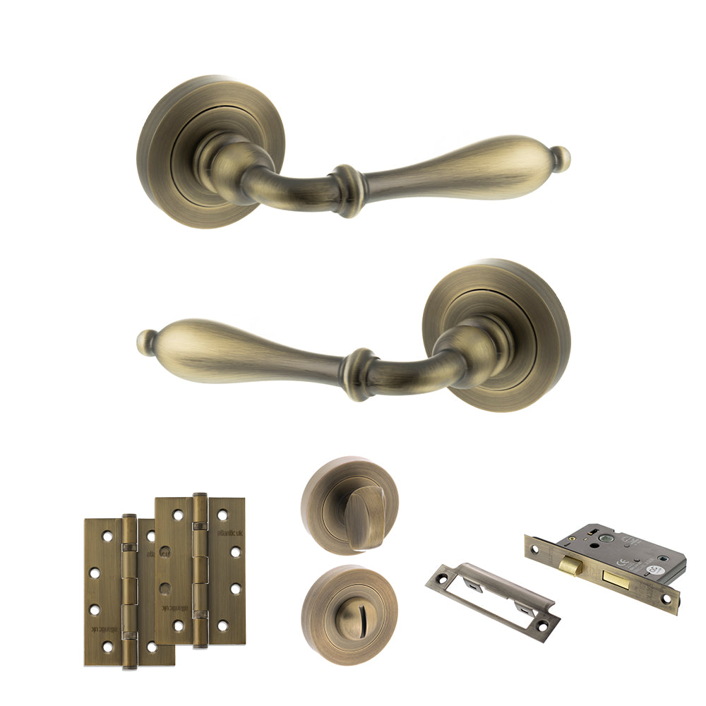 Old English Wrexham Door Handle Pack (Bathroom Set - 3" CE Bathroom Lock, 4" Slim Knuckle Hinges x2) - Matt Antique Brass
