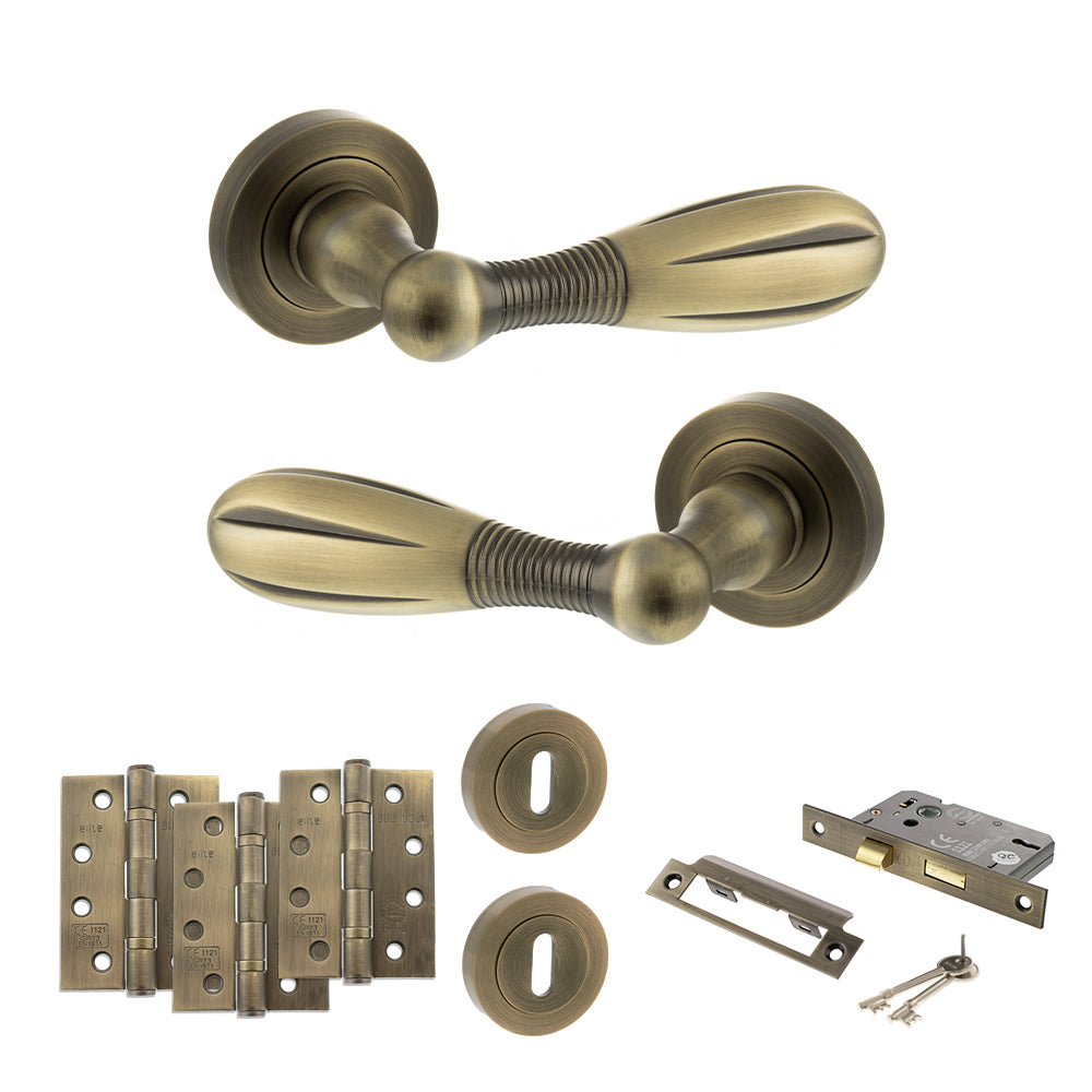 Old English Cambridge Door Handle Pack (3 Lever Lock Set - 3" CE Sashlock, 4" Fire Rated Hinges x3) - Matt Antique Brass