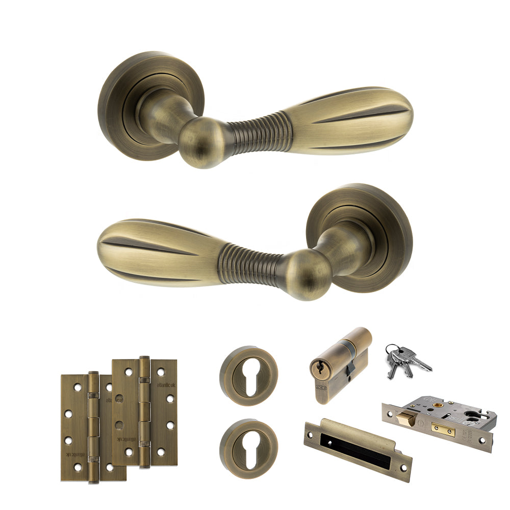 Old English Cambridge Door Handle Pack (Euro Lock Set - 3" CE Sashlock, 4" Slim Knuckle Hinges x2) - Matt Antique Brass