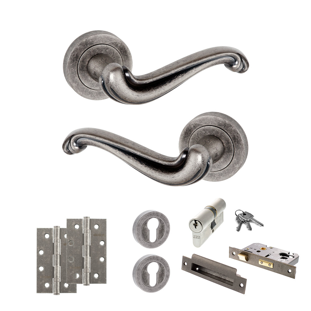 Old English Colchester Door Handle Pack (Euro Lock Set - 2.5" CE Sashlock, 4" Slim Knuckle Hinges x2) - Distressed Silver