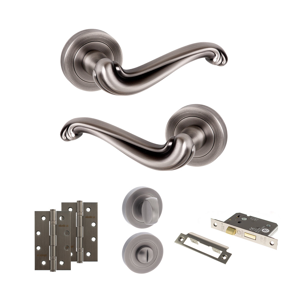 Old English Colchester Door Handle Pack (Bathroom Set - 3" CE Bathroom Lock, 4" Slim Knuckle Hinges x2) - Matt Gun Metal