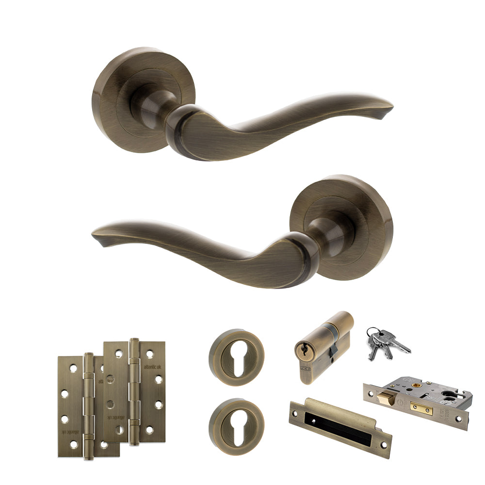 Old English Warwick Door Handle Pack (Euro Lock Set - 3" CE Sashlock, 4" Slim Knuckle Hinges x2) - Antique Brass