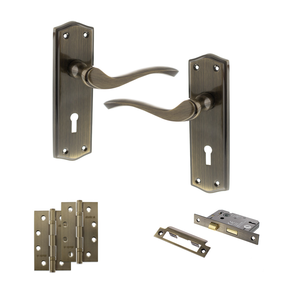 Old English Warwick Door Handle Pack (3 Lever Lock Set - 3" CE Sashlock, 4" Slim Knuckle Hinges x2) - Antique Brass