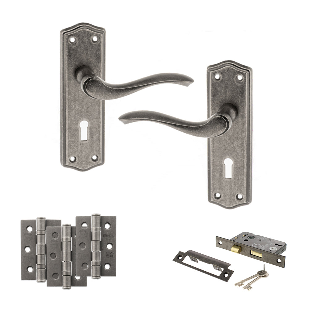 Old English Warwick Door Handle Pack (3 Lever Lock Set - 3" CE Sashlock, 3" Fire Rated Hinges x3) - Distressed Silver