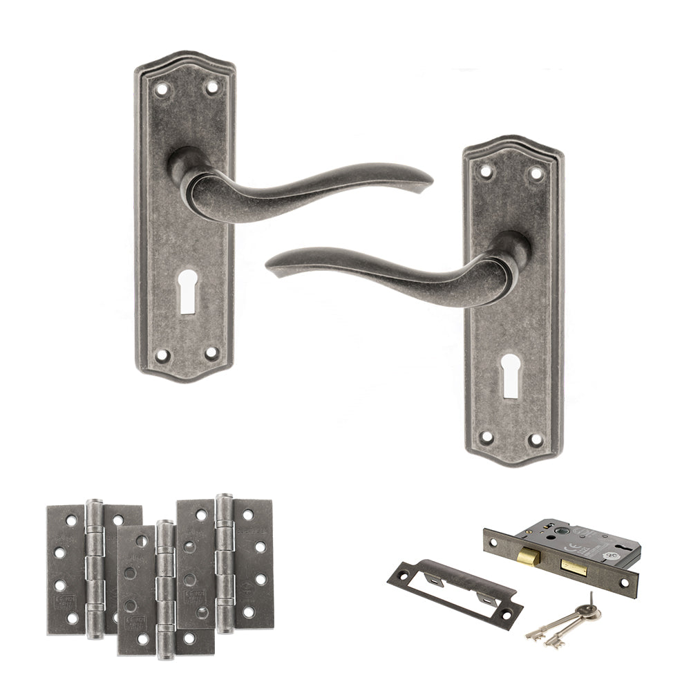 Old English Warwick Door Handle Pack (3 Lever Lock Set - 2.5" CE Sashlock, 4" Fire Rated Hinges x3) - Distressed Silver