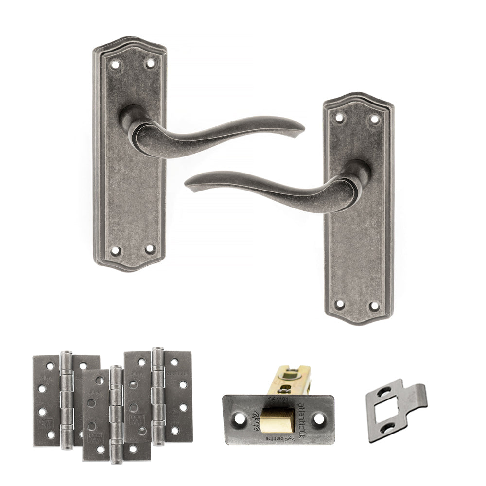 Old English Warwick Door Handle Pack (Latch Set - 2.5" CE Latch, 4" Fire Rated Hinges x3) - Distressed Silver