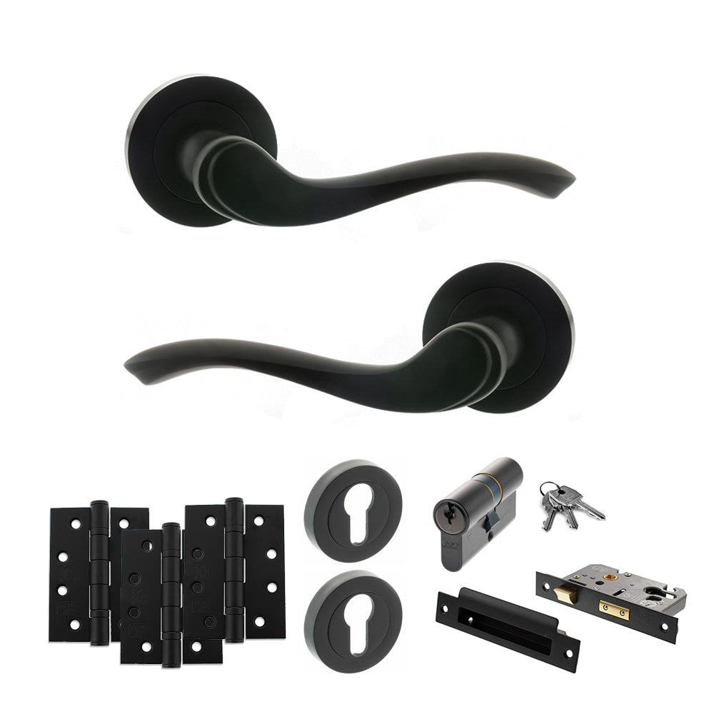 Old English Warwick Door Handle Pack (Euro Lock Set - 2.5" CE Sashlock, 4" Fire Rated Hinges x3) - Matt Black