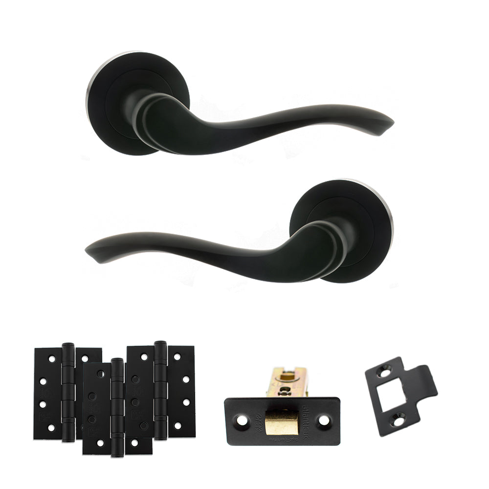 Old English Warwick Door Handle Pack (Latch Set - 3" CE Latch, 4" Fire Rated Hinges x3) - Matt Black