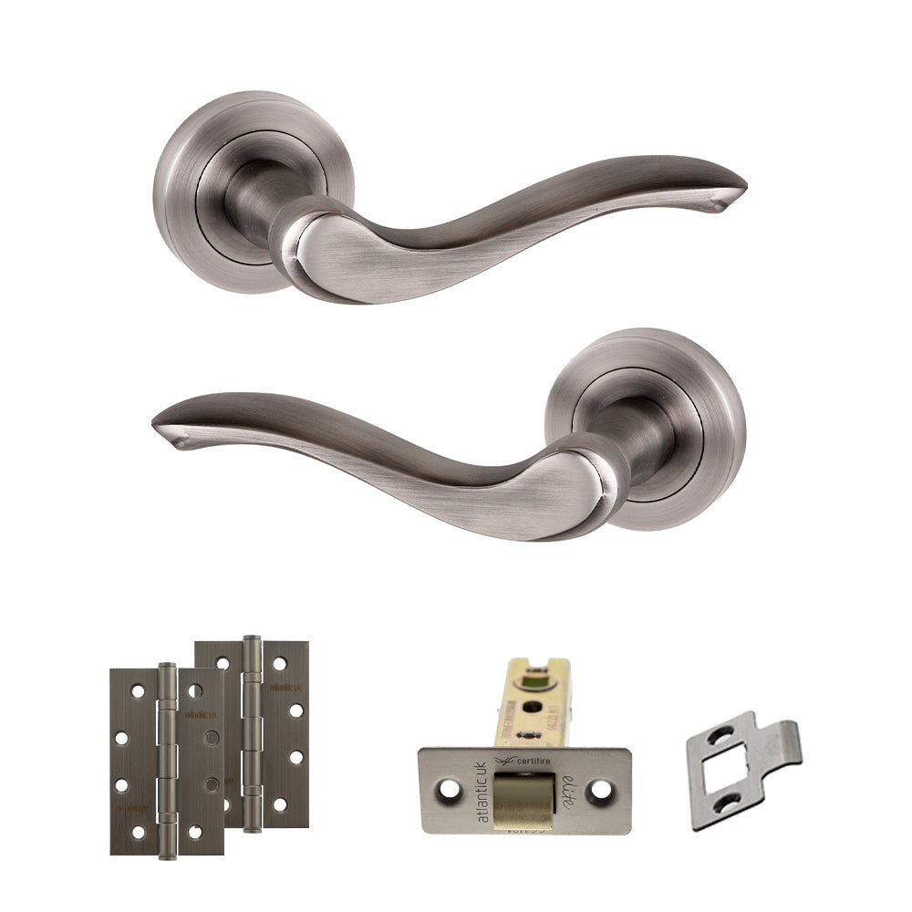 Old English Warwick Door Handle Pack (Latch Set - 2.5" CE Latch, 4" Slim Knuckle Hinges x2) - Matt Gun Metal