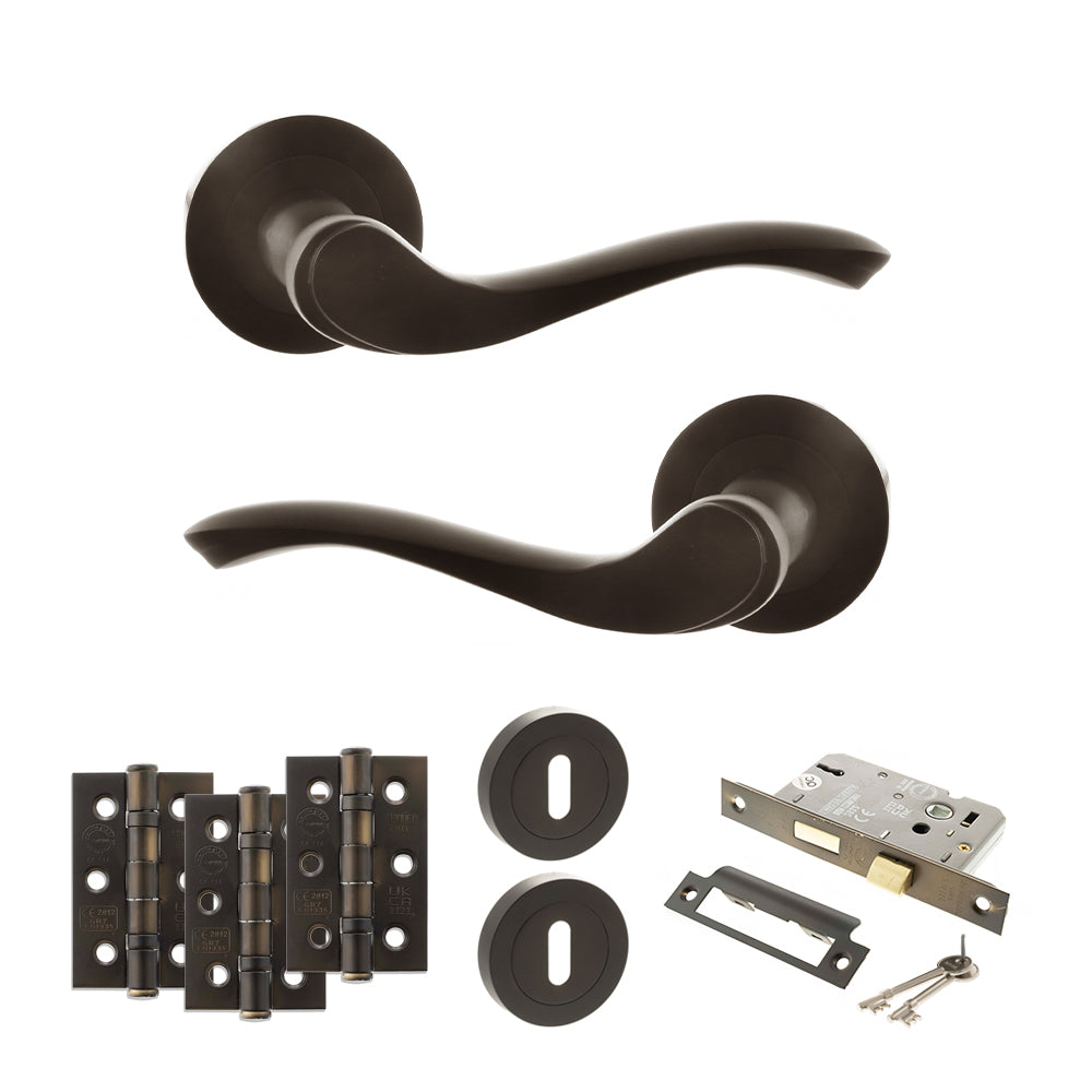 Old English Warwick Door Handle Pack (3 Lever Lock Set - 2.5" CE Sashlock, 3" Fire Rated Hinges x3) - Urban Dark Bronze