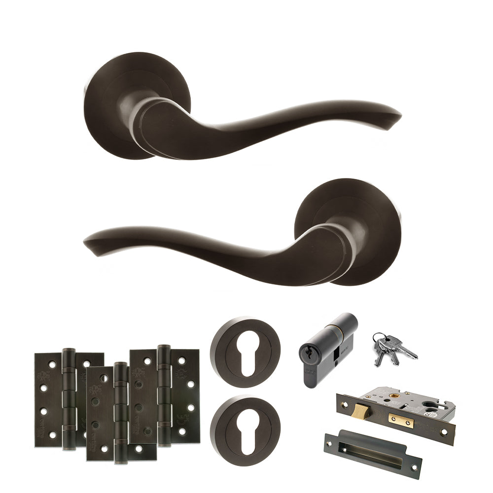 Old English Warwick Door Handle Pack (Euro Lock Set - 3" CE Sashlock, 4" Fire Rated Hinges x3) - Urban Dark Bronze