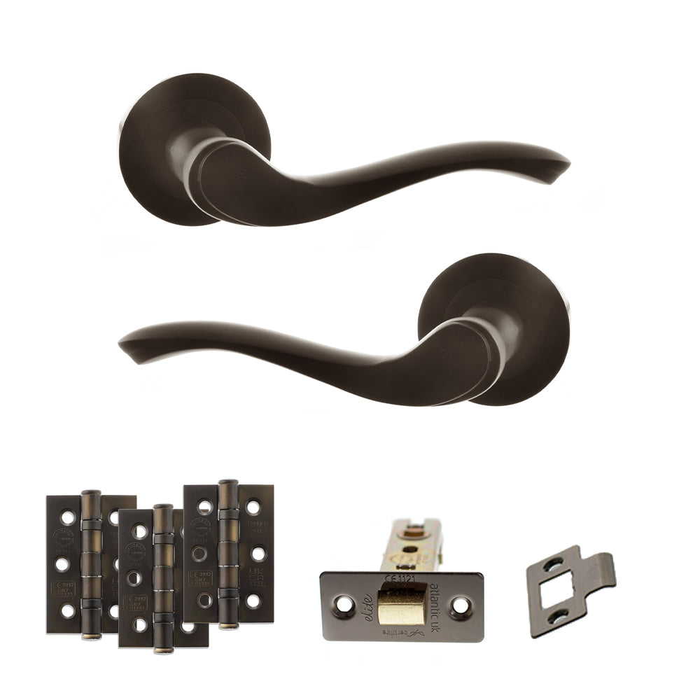Old English Warwick Door Handle Pack (Latch Set - 3" CE Latch, 3" Fire Rated Hinges x3) - Urban Dark Bronze