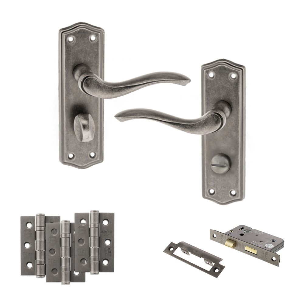Old English Warwick Door Handle Pack (Bathroom Set - 3" CE Bathroom Lock, 3" Fire Rated Hinges x3) - Distressed Silver