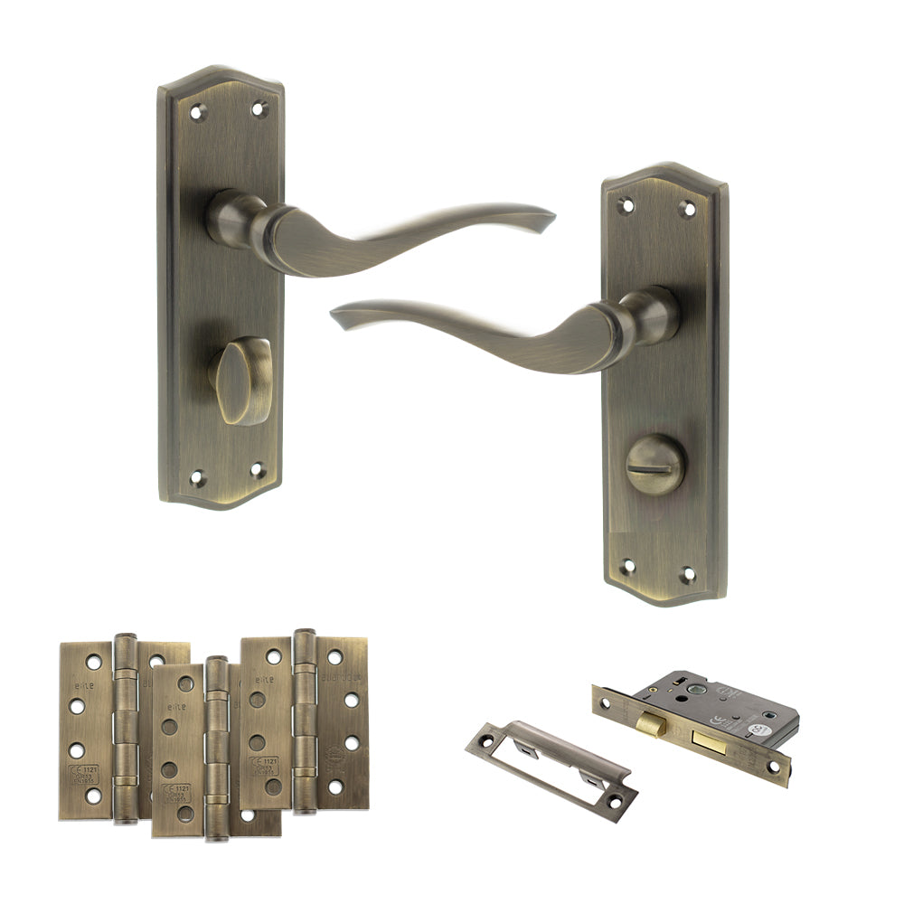 Old English Warwick Door Handle Pack (Bathroom Set - 2.5" CE Bathroom Lock, 4" Fire Rated Hinges x3) - Matt Antique Brass