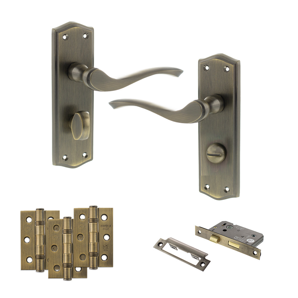 Old English Warwick Door Handle Pack (Bathroom Set - 2.5" CE Bathroom Lock, 3" Fire Rated Hinges x3) - Matt Antique Brass