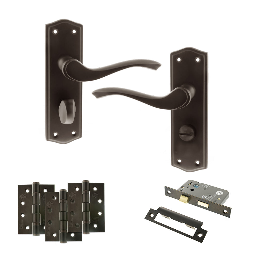 Old English Warwick Door Handle Pack (Bathroom Set - 2.5" CE Bathroom Lock, 4" Fire Rated Hinges x3) - Urban Dark Bronze