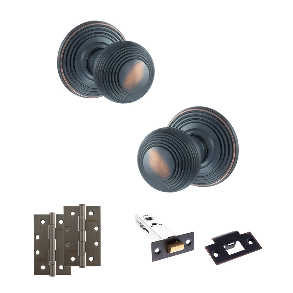 Old English Ripon Door Knob Pack (Latch Set - 4" HD Latch, 4" Slim Knuckle Hinges x2) - Antique Copper