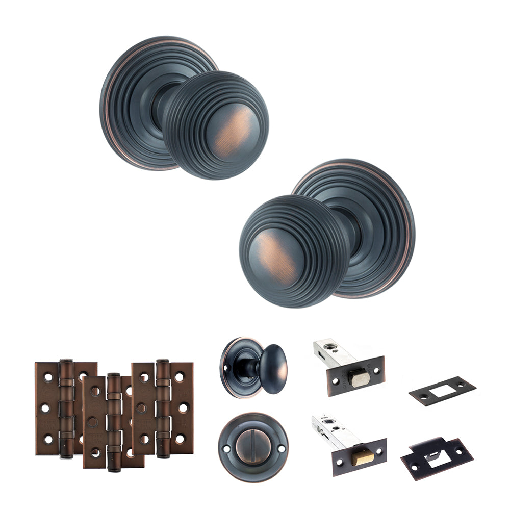 Old English Ripon Door Knob Pack (Bathroom Set - 4" Deadbolt, 3" Fire Rated Hinges x3) - Antique Copper