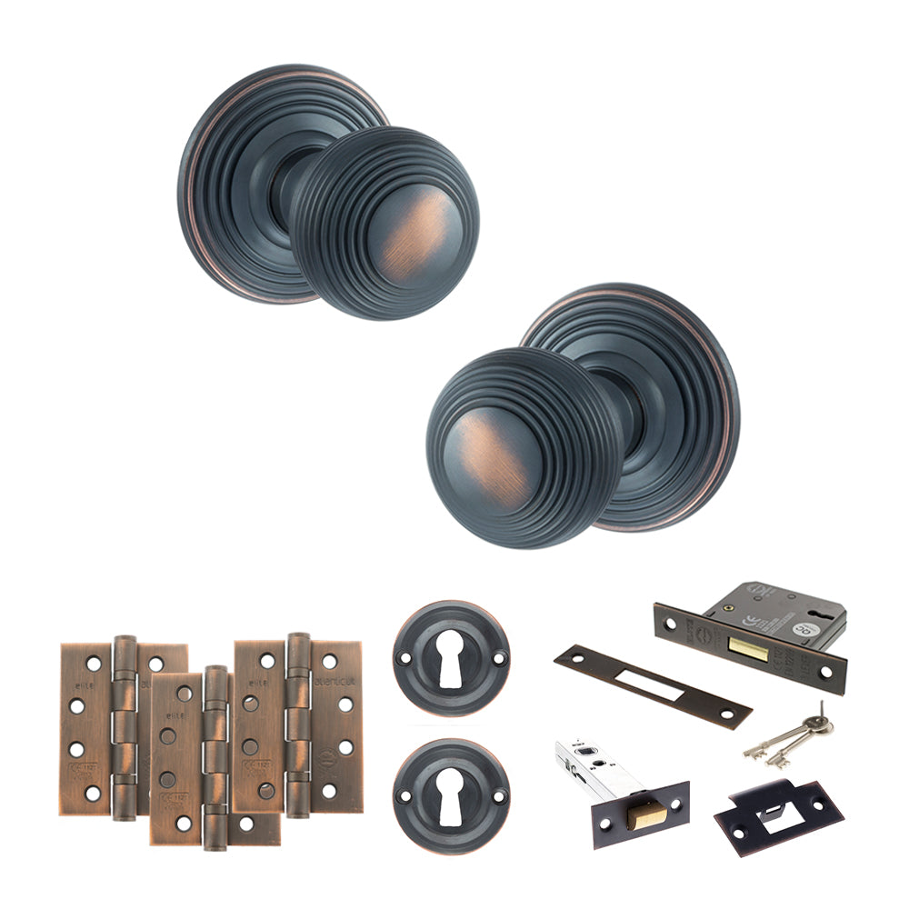 Old English Ripon Door Knob Pack (Lock Set - 3" Latch & Deadlock, 4" Fire Rated Hinges x3) - Antique Copper