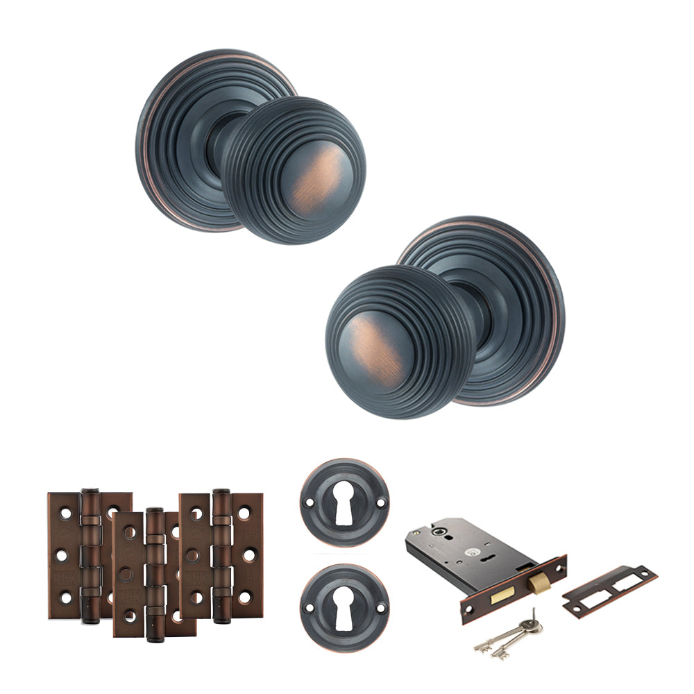 Old English Ripon Door Knob Pack (Lock Set - Horizontal Sashlock, 3" Fire Rated Hinges x3) - Antique Copper
