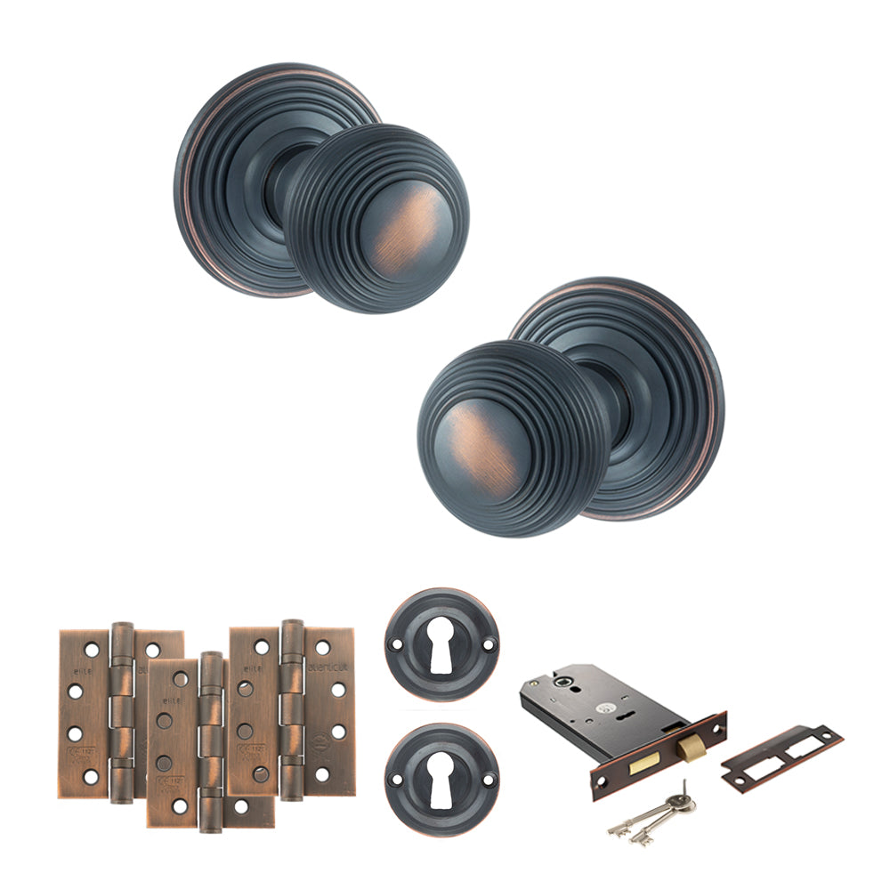 Old English Ripon Door Knob Pack (Lock Set - Horizontal Sashlock, 4" Fire Rated Hinges x3) - Antique Copper