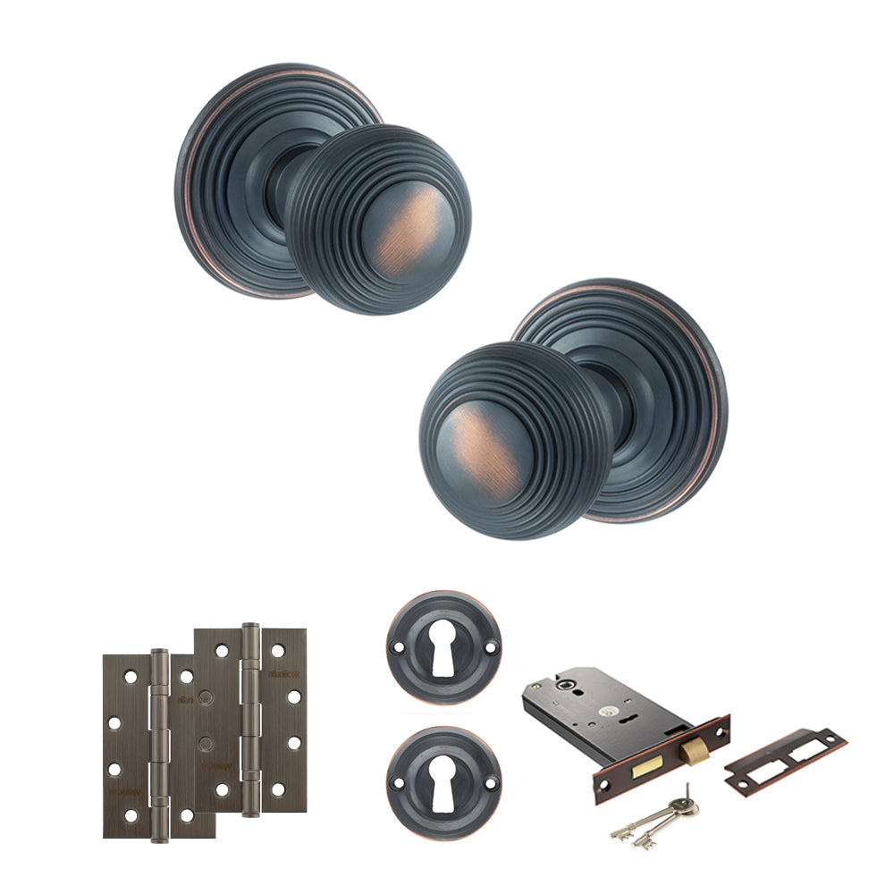Old English Ripon Door Knob Pack (Lock Set - Horizontal Sashlock, 4" Slim Knuckle Hinges x2) - Antique Copper