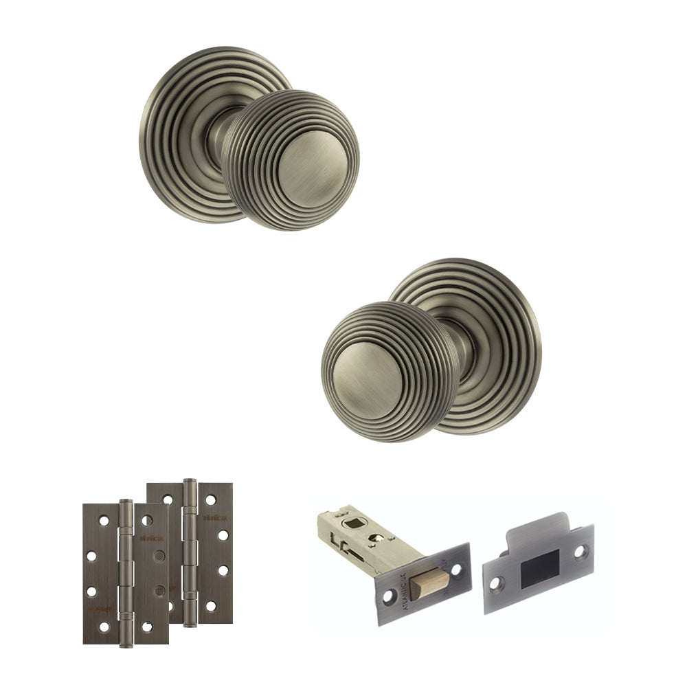 Old English Ripon Door Knob Pack (Latch Set - 3" HD Latch, 4" Slim Knuckle Hinges x2) - Matt Gun Metal