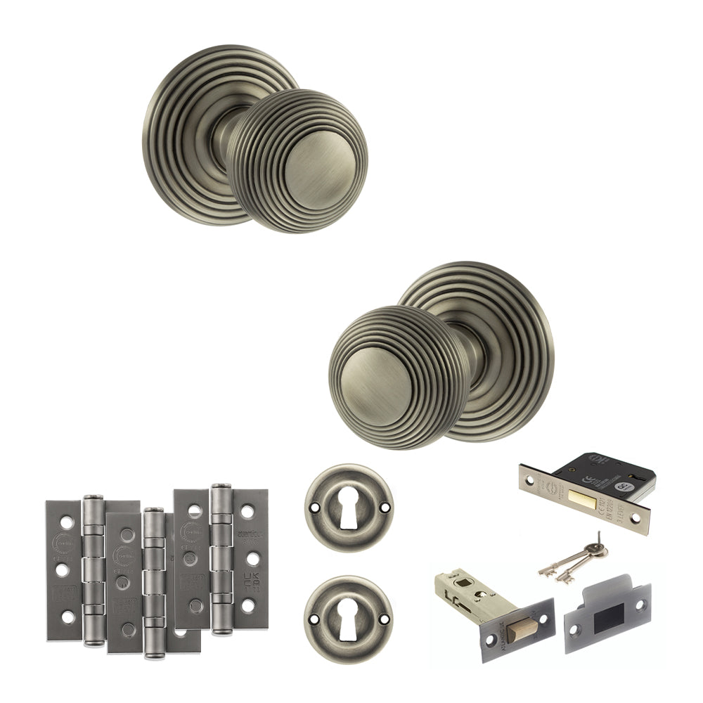 Old English Ripon Door Knob Pack (Lock Set - 3" Latch & Deadlock, 3" Fire Rated Hinges x3) - Matt Gun Metal