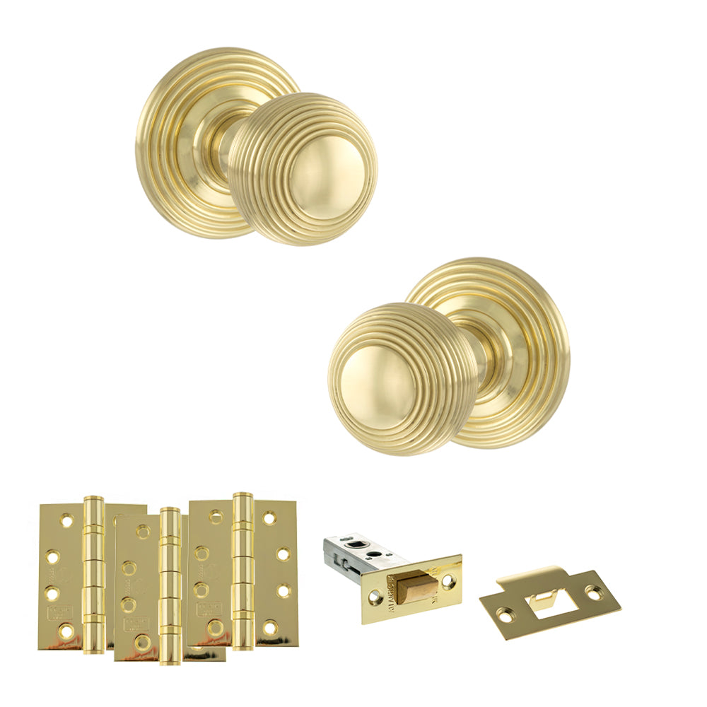 Old English Ripon Door Knob Pack (Latch Set - 3" HD Latch, 4" Fire Rated Hinges x3) - Polished Brass
