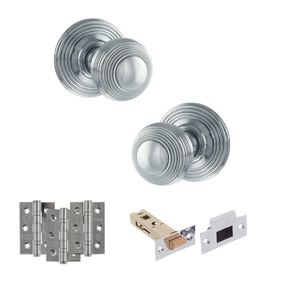Old English Ripon Door Knob Pack (Latch Set - 4" HD Latch, 3" Fire Rated Hinges x3) - Polished Chrome