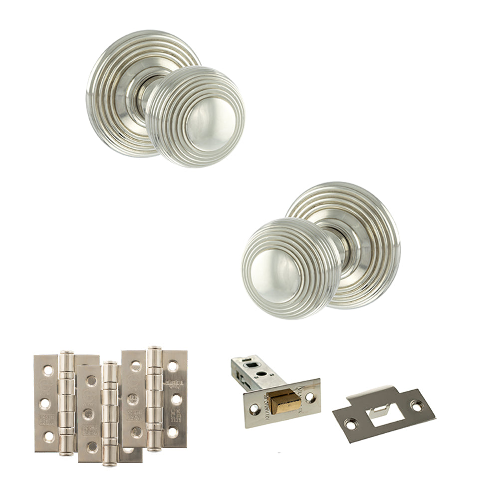 Old English Ripon Door Knob Pack (Latch Set - 3" HD Latch, 3" Fire Rated Hinges x3) - Polished Nickel