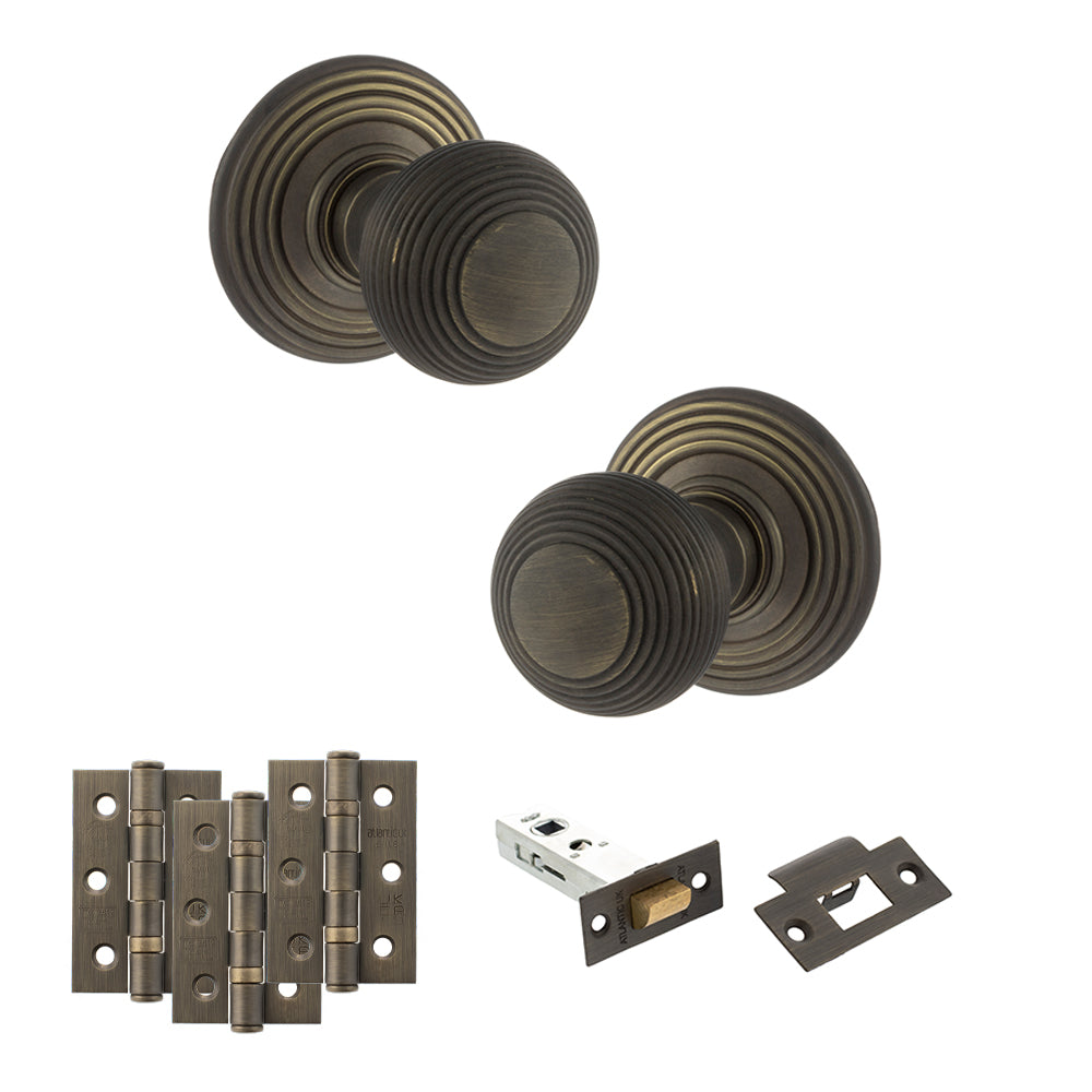 Old English Ripon Door Knob Pack (Latch Set - 4" HD Latch, 3" Fire Rated Hinges x3) - Urban Bronze