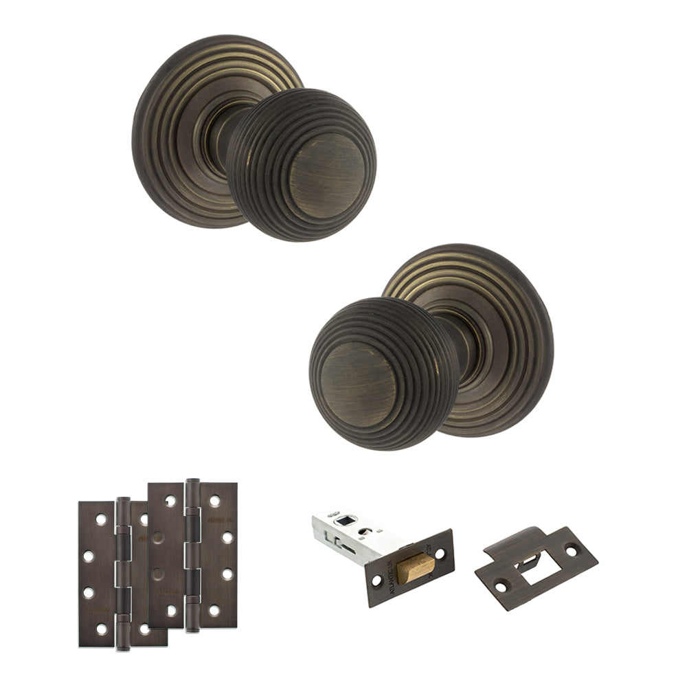 Old English Ripon Door Knob Pack (Latch Set - 4" HD Latch, 4" Slim Knuckle Hinges x2) - Urban Bronze