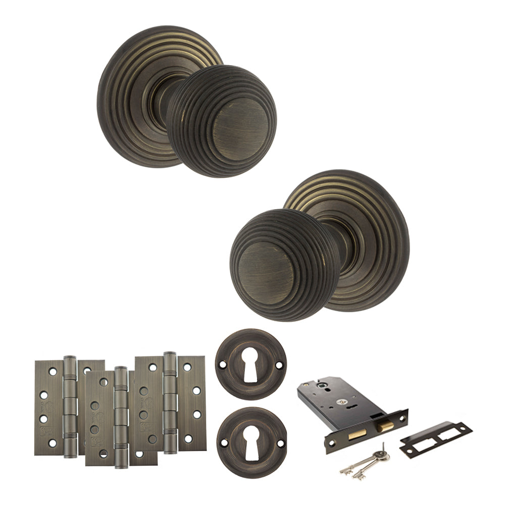 Old English Ripon Door Knob Pack (Lock Set - Horizontal Sashlock, 4" Fire Rated Hinges x3) - Urban Bronze