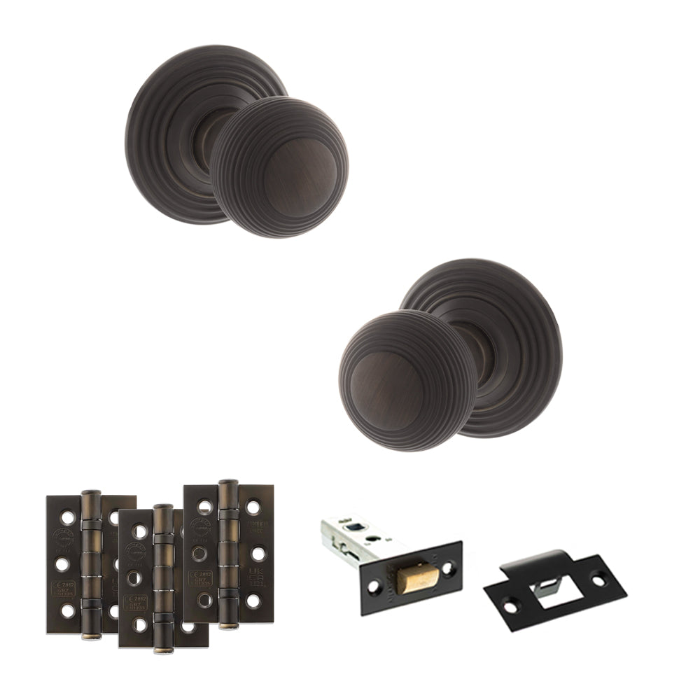 Old English Ripon Door Knob Pack (Latch Set - 4" HD Latch, 3" Fire Rated Hinges x3) - Urban Dark Bronze