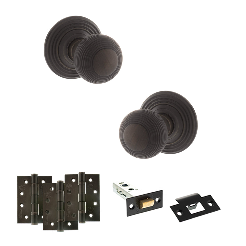 Old English Ripon Door Knob Pack (Latch Set - 3" HD Latch, 4" Fire Rated Hinges x3) - Urban Dark Bronze