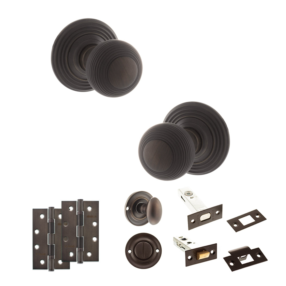 Old English Ripon Door Knob Pack (Bathroom Set - 4" Deadbolt, 4" Slim Knuckle Hinges x2) - Urban Dark Bronze