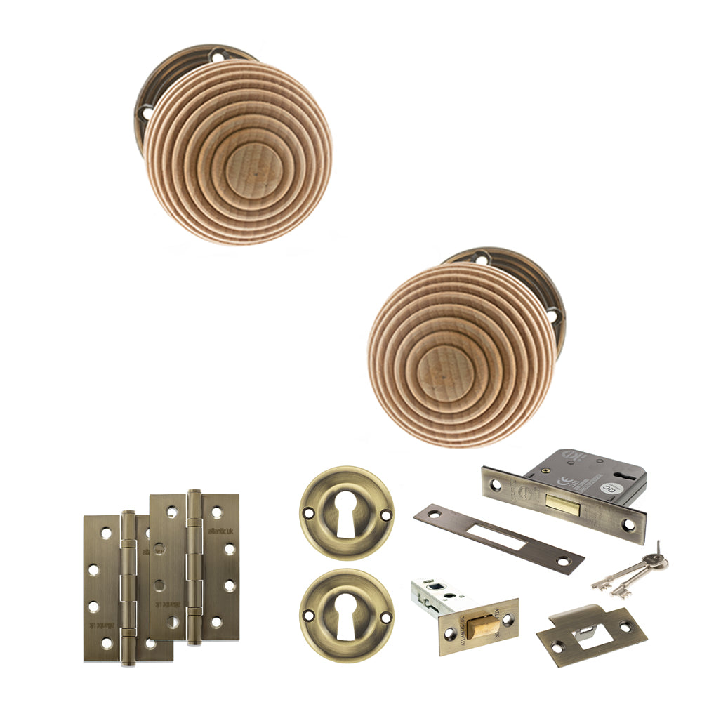 Old English Bridlington Door Knob Pack (Lock Set - 3" Latch & Deadlock, 4" Slim Knuckle Hinges x2) - Antique Brass
